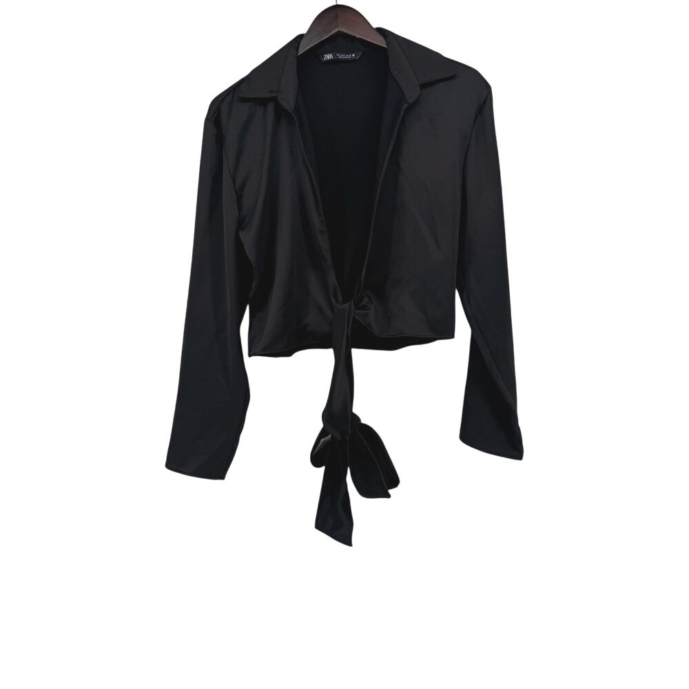 Zara Womens Black Satin Cropped Tie Front Long Sleeve Collared Blouse‎ Size L